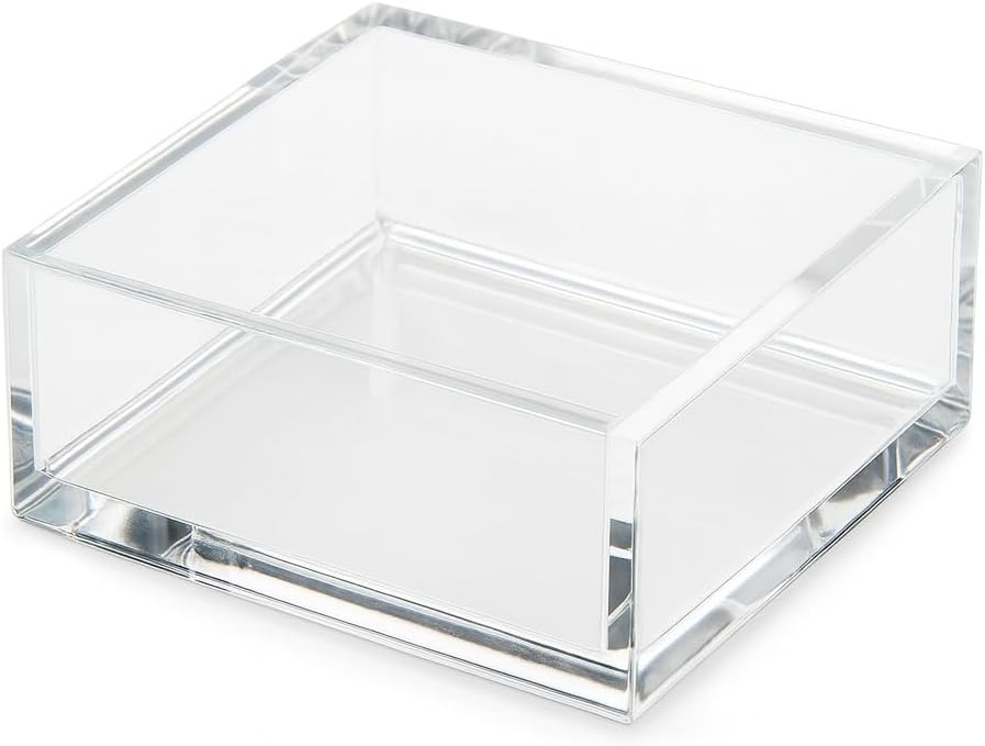 Premium Acrylic Cocktail Napkin Holder - Elegant Napkin Holder with Bonus 20 Gold Embossed 'Cheers' Napkins Included- 5x5 Inches