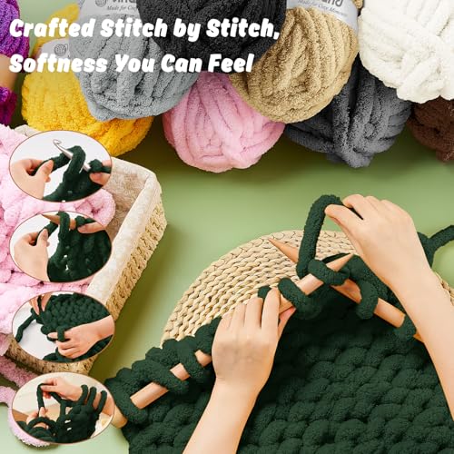 Image of Inhand Dark Green Chunky Chenille Yarn for Hand Knitting,Thick Bulky Christmas Blanket Yarn for Crocheting,Soft Fluffy Yarn for Crochet Holiday Gifts for Women /Beginners,18 Pack (29.5Yds /8.4oz Each)