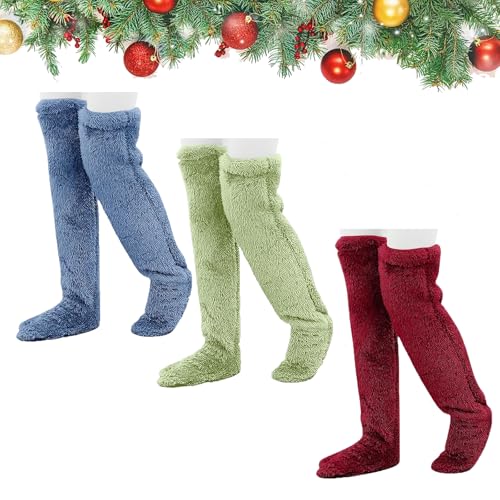 XJQ Goose Down Knee Socks, Long Fuzzy Thigh High Socks Warm, Winter Fuzzy Thermal Home Sleeping Sock (3pcs-g)