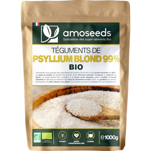 Psyllium Blond Bio 1KG | Téguments Purs 99% | 88% de Fibres, Transit, Sans gluten | Qualité Supérieure…
