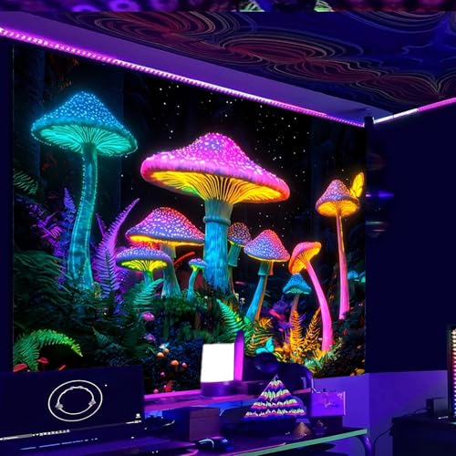Image of Nuxovilar Neon Mushroom Cluster Wall Tapestry Polyester 78.74x59.05 In | Glow Backdrop Trippy Wall Art Fungi Poster UV Hanging Dorm Living Room Themed Space Area (Neon Mushroom Cluster)