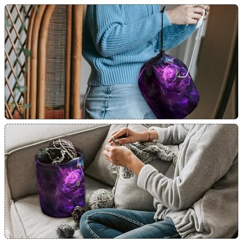 Image of Sellikakes Yarn Bag with Drawstring, Purple Rose Small Crochet Storage Organizer Knitting Bag Yarn Skein Organizer Chrochet Yarn Holder Knitting Accessories Sewing Supplies