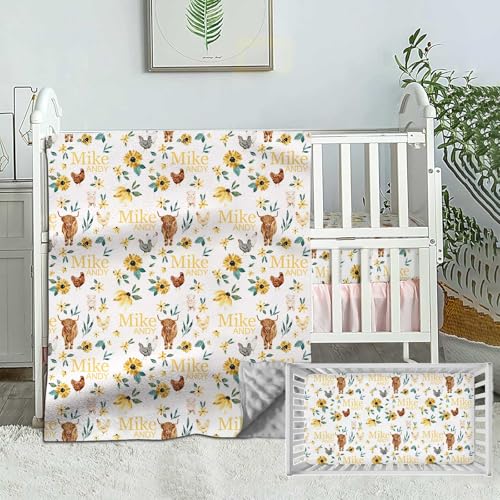 Munific Custom Name Baby Bedding Set for Boys Girls, Personalized 2 Piece Animals Baby Nursery Sets, Dotted Backing Blanket, Fitted Sheet, Nursery Baby Bedding Set for Newborn Toddler Infant Babies