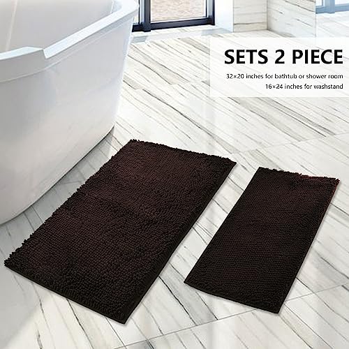 Image of Bathroom Rugs Sets 2 Piece, Extra Soft Chenille Bath Mat Ultra Absorbent Bathroom Rug, Bathroom Mat with Sturdy PVC Non-Slip Bottom, Machine Washable Bath Rugs (20x32 Inch + 16x24 Inch, Coffee)