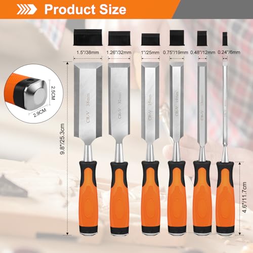KINGBRO Wood Chisel, 6 Pcs Wood Carving Chisels for Woodworking Tools, Durable Carbon Steel PP+TPR High Impact Handle Wood Chisel Sets Gifts for Woodworkers Carpenter Craftsman, 6/12/19/25/32/38mm by KINGBRO - Used condition - Image 2