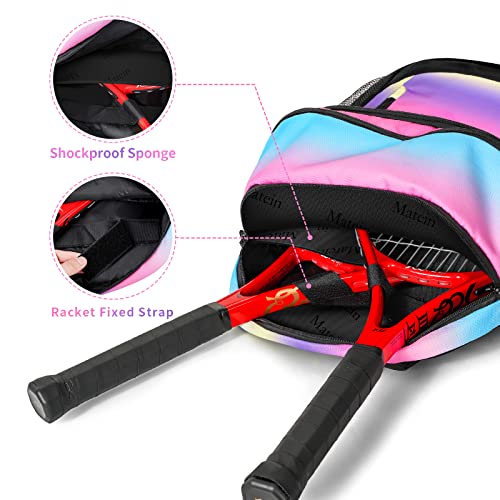Kids Tennis Bag, Protective Racket Bag With Cooler Pockets, Durable Racquet Backpack With Fence Hook Hold Badminton Pickleball Paddles, Maten Tennis Player Gifts Bags For Girls, Teens, Women, Colorful #TOP1