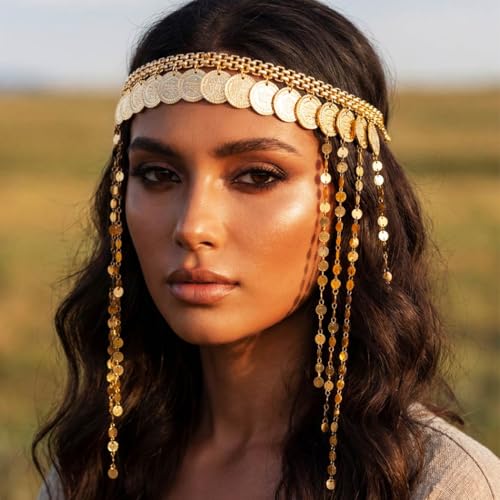 GORAIS Coin Head Chain Gold Egyptian Headpiece Sequin Costume Headband for Women
