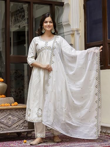 Image of TRENDMALLS Women's Chanderi Silk Embroidery Work Salwar Suit Set Kurta Pant with Dupatta For Women