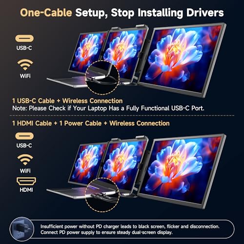 Image of One Cable No Driver Laptop Screen Extender,14 inch FHD 1080P IPS Portable Monitor,1-Min Setup USB-C Plug and Play, Ultra-Slim Triple Screen for 12-15.6 inch Laptops Windows /MacOS /Android (14.2FHD)