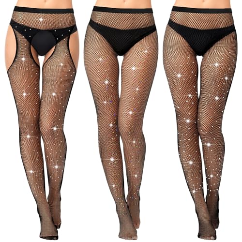 Image of Fourluoo 3 Pcs Rhinestone Fishnet Tights High Waist Rhinestone Stockings Leggings for Women Dress Black Mesh Sparkly Pantyhose
