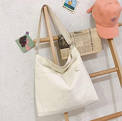 Economische draagtas van herbruikbare canvas, wit, large, met 3 externe zakken, ritssluiting aan de bovenkant, voor leraren, laptop, boeken, sportschool, reizen, strand, A Tote Bag
