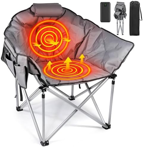 Suteck Heated Camping Chair with 12V 20,000mAh Power Bank, Oversized Heated Chairs Outdoor Sports W/3 Heat Levels for Back & Seat, Folding Heated Lawn Chairs for Patio Outdoors Travel, Grey