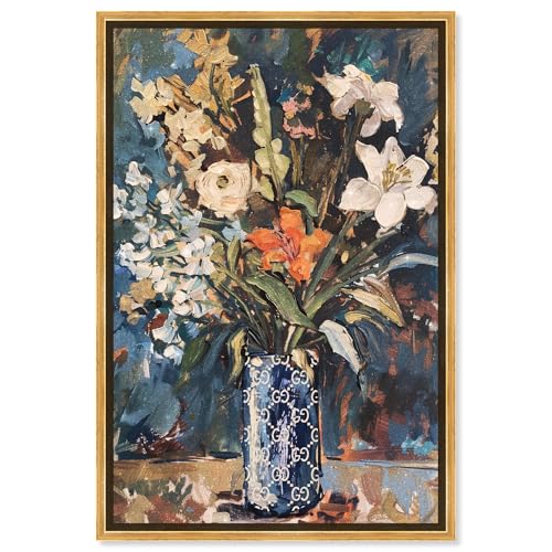Image of Art Remedy Blue Floral Vase Canvas Floral Vase Wall Art, Gold Frame, 30 inch x 45 inch