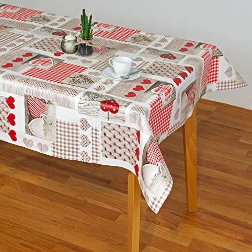 Hulehule Tex Nappe en toile cirée rouge avec motifs de cœurs et pièces artisanales Couleurs rouge et marron (140 x 175 cm)