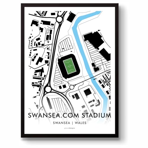 Mapa artístico de Swansea City FC en tamaño A3 con diseño de cisnes para pared