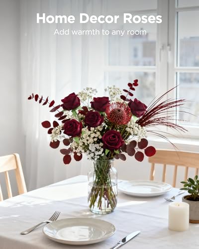 Image of InnoGear 50 Pcs Burgundy Roses Artificial Flowers, Fake Velvet Silk Red Rose Bulk Faux Flower for Decoration Wedding Centerpieces Proposal Bridal Bouquets Shower Party Home Floral Decor (50, Burgundy)