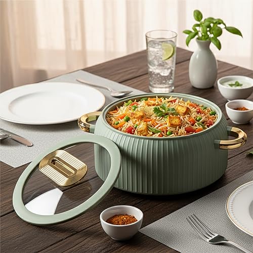 Image of CELLO Castella Deluxe 1000 Insulated Steel Casserole Hot Box for Kitchen 1000 ml, Green | Double Wall Airtight Hot Pot Case Keeps Food Hot & Warm for Long Hours, Casserole Set for Roti Rice Biryani