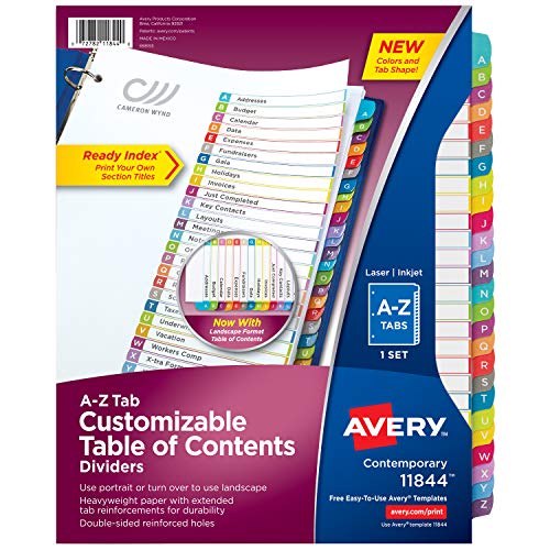 Avery AZ Tab Dividers for 3 Ring Binders, Customizable Table of