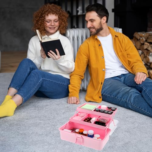 Image of Molain 3-Layer Multipurpose Storage Box, 13Inches Folding Tool Box, Medicine Box Family First Aid Box with 2 Trays, Art & Crafts Case Sewing Supplies Organizer for Art Craft and Cosmetic(Pink)