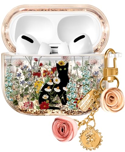 Coralogo for Apple for Airpods Pro 1/2 Case - Women Girls Cute Girly Kawaii for Airpods Pro 2nd Generation Case Cover Glitter Liquid Sparkle Cat Flower Hard Shell Keychain Funda Estuche Forro