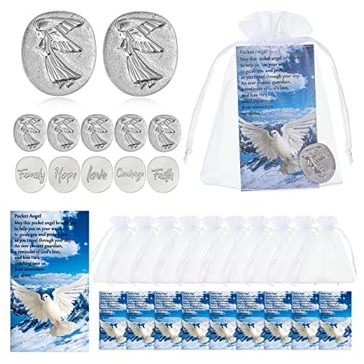 30 Pieces Inspirational Pocket Angel Set Memorial Angel Sign Coins Faith Love Family Hope Courage Angel Charm Peace Dove Sign Poem Cards White Organza Bag Favors Pocket Token Gifts for Family Friend…