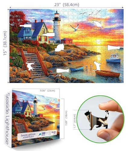Image of Lighthouse Sunset 500 Piece Puzzles for Adults Colorful Coastal Scene with Boats Jigsaw Puzzles 500 Pieces Seaside Landscape Family Puzzle Challenging Family Puzzle Games Gift for Adults (21 inchx15 inch)