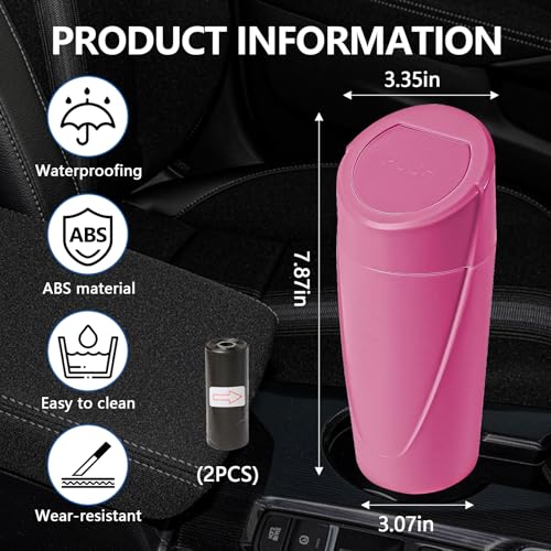 Image of Hovom Mini Car Trash Can with Lid, Portable Garbage Can for Car, Leakproof Cup Holder Automotive Garbage Bin with 2 Rolls of Trash Bags, Small Trash Storage Can for Car Home Office(Rose Red)
