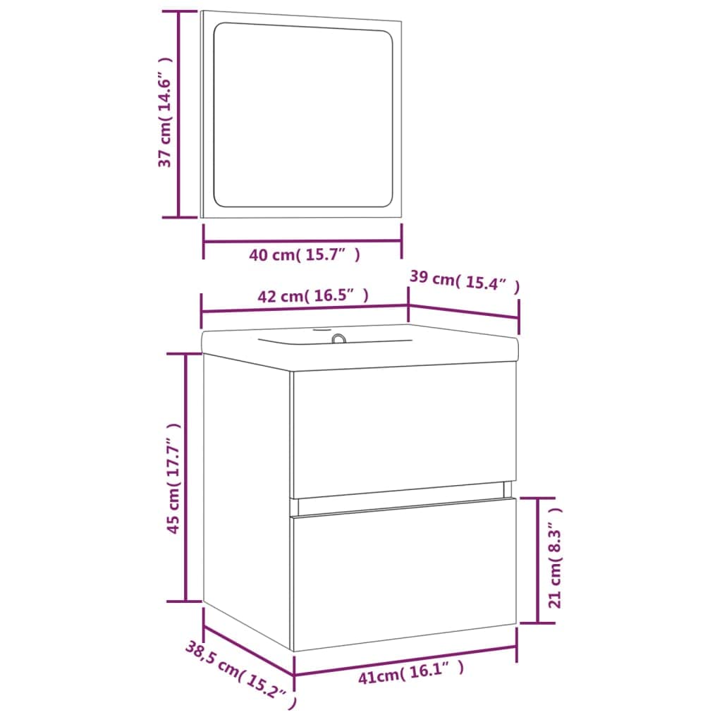 SYDE Armario de Lavabo con lavamanos y Espejo Gris Sonoma | Madera contrachapada resistente a humedad, cajón amplio, montaje en pared, rebosadero integrado