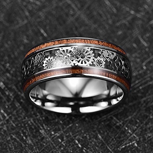 10mm Steampunk Gear Wheel Tungsten Ring for Men Women Koa Wood Inlay Domed Polished Comfort Fit Size 7-143