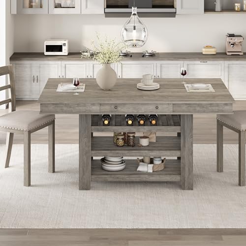 Homhougo 60" Farmhouse Dining Counter Height Table with Wine Rack