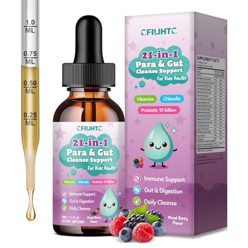 21 in 1 Parasite Cleanse for Humans & Kids Herbal Gut Cleanse & Detox Support Wormwood Black Walnut Pumpkin Seed Probiotics 10 Billion CFU Digestive & Gut Health Drops Mixed Berry Flavor 2 Fl Oz