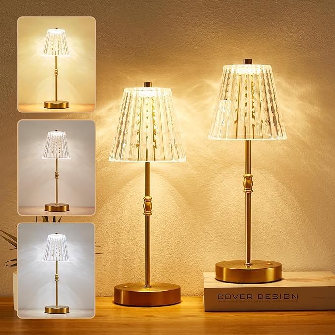 Cordless Table Lamp, 5000mAh Rechargeable Battery Operated Portable Lamp, Dimmable+3 Colors LED Touch Control, Vintage Crystal Lamp for Bedroom, Kitchen, Bar, Office Gold-2 Pack
