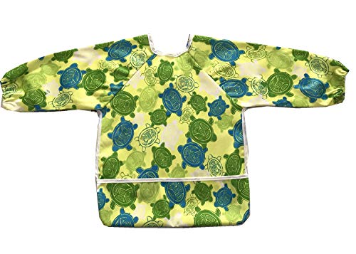 Image of MUMBABY Baby Bib Sleeved Shirt with Pocket 1-3 Years Old Toddler Smock, Waterproof and Washable (Green Turtle)