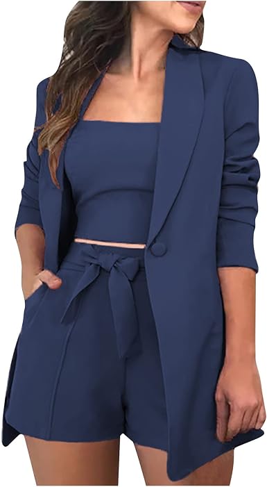 Amazon.com: Conjunto de mujer de tres piezas sólido con chaleco + chaqueta  de traje + pantalones cortos : Ropa, Zapatos y Joyería