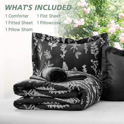 Image of MUXHOMO Black TwinXL Comforter Set, Elegant Floral Print Bed in a Bag 5 Pieces, Ultra Soft & Breathable Reversible Botanical Pattern Bedding Set with Comforter, Sheets, Pillowcase, and Sham