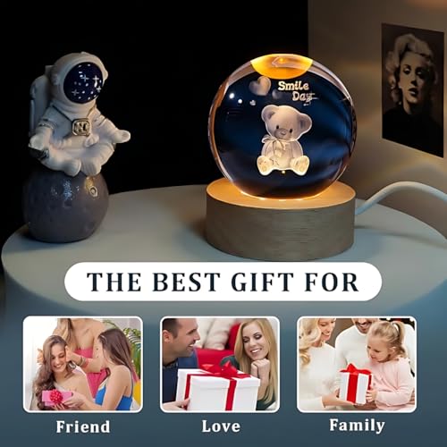 Image of 3D Crystal Ball Night Light with Wooden Base, Aesthetic Clear LED Lamp for Home and Bedroom Touch Switch, Warm Light for Kids and Teens Perfect Birthday & Anniversary (Teddy Lamp)