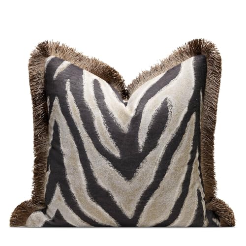 AIBU HOME Designer Zebra Throw Pillow Cover with Brown Fringe Luxury Zebra Pattern Jacquard Design Decorative Pillow Cover for Modern & Classic Home Decor 18x18 Inch (Single Pack)