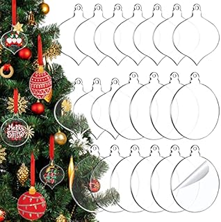 20 Packs Acrylic Blank Ornaments Transparent Acrylic Christmas Ornaments Clear Disc Ornaments with Red Ribbon Clear Acrylic Tags Flat Acrylic Ornaments for Crafts Christmas Tree Party (Lamp, Ball)