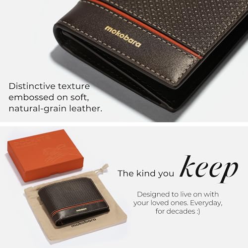Image of MOKOBARA Stash Slim Bifold Wallet for Men | Geometric Textured | Genuine Leather | RFID Protected | Holds Up to 6 Cards | Single Currency Compartment | Ka-Ching (Brown)