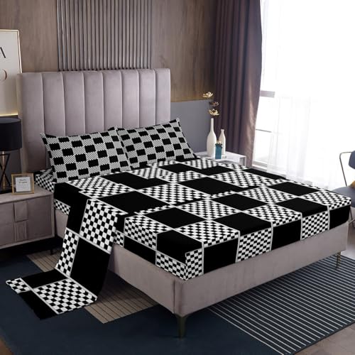 Image of Erosebridal Geometric Checkered Bedding Set Queen Black White Buffalo Plaid Bed Sheets Checkerboard Gingham Sheet Set Kids Boys Girls,Modern Fashion Grids Fitted Top Sheets 4 Piece