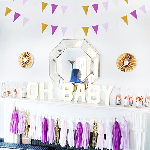 Image of Purple Gold Graduation Decorations - 30pcs Kits Lavender White Paper Flowers,Banner Flags,Tassel Streamer Garland Engagement Girl Baby Bridal Shower Party Decoration Lasting Surprise