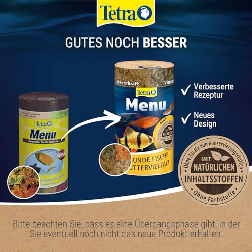 Tetra Menu Fischfutter - Hauptfuttermix mit 4 Spezialflocken in getrennten Kammern, abwechslungsreiches Futter für alle Zierfische, 250 ml Dose