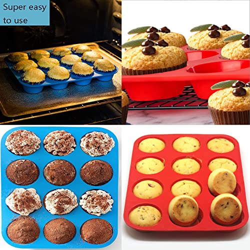 12 Cups Silicone Muffin Pan Set - (12 Pieces) Silicone Cupcake Baking Cup Molds Bpa Free 100% Food Grade And Two Spatula Tools, Blue, 32.5*24.6Cm #TOP1