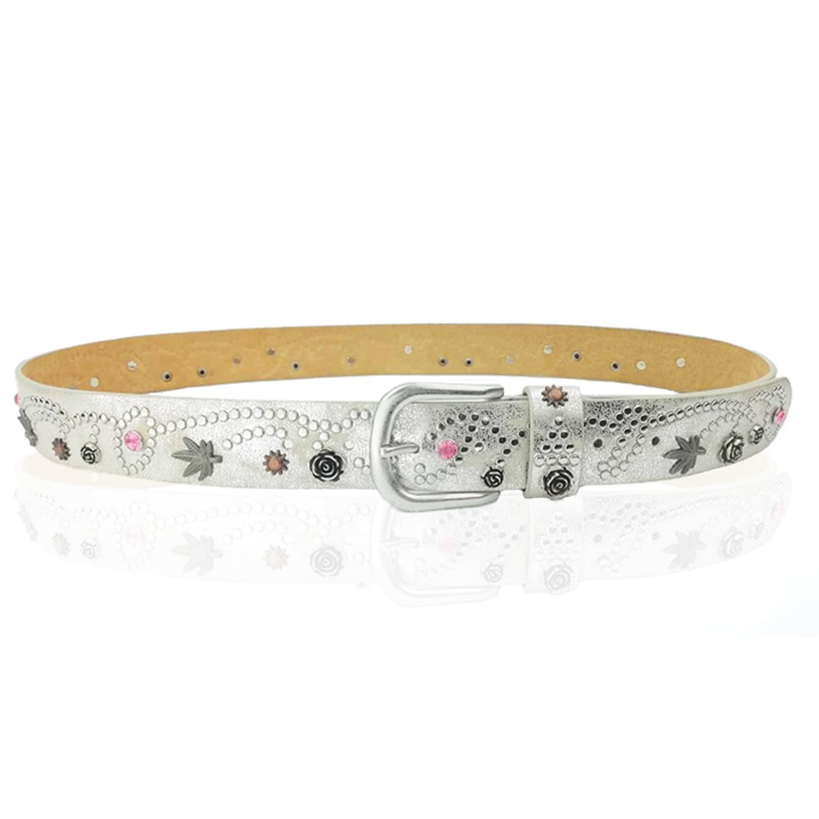 Cinturones De Mujer De Vendimia Remache Hoja De Arce Rhinestone, Vaquera Occidental Bling Tachonado Cinturón De Cuero De Diseño De La Escultura De La Flor