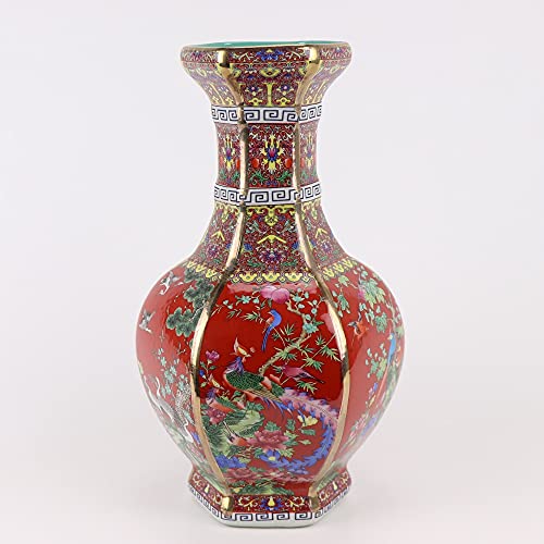  Fine Asianliving Vaso Cinese Fiori Uccelli Rosso D19xH32cm Barattolo di Zenzero Cinese Vaso Cinese Ceramica Porcellana