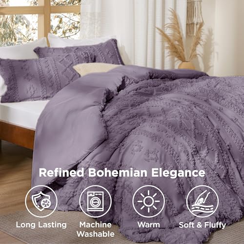 Image of Bedsure Tufted Boho Comforter Set Queen Size - Grayish Purple Boho Bed Set, GentleSoft 3 Pieces Farmhouse-Style Embroidery Bedding, Gifts for Woman, Soft Jacquard Kids' Comforter for All Seasons