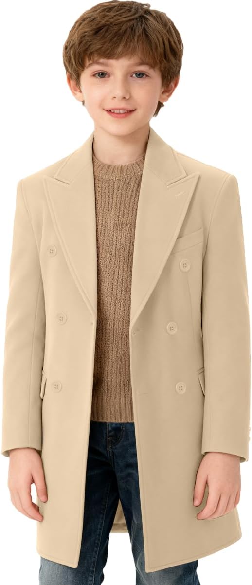 Boys Pea Coat Double Breasted Trench Coat Winter Boy Dress Coat Notch Lapel Long Outwear Jacket