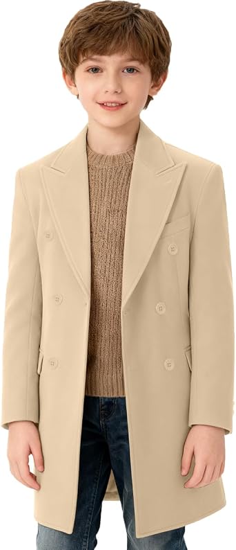 Boys Pea Coat Double Breasted Trench Coat Winter Boy Dress Coat Notch Lapel Long Outwear Jacket