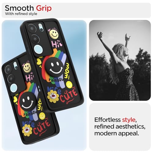 Image of Pikkme Back Cover for Vivo V29 5G / V29 Pro 5G | Soft Silicone| Cute Rainbow Smile & 3D Cartoon Flower Design | Shockproof Raised Camera Protection Bumper Case (Black)
