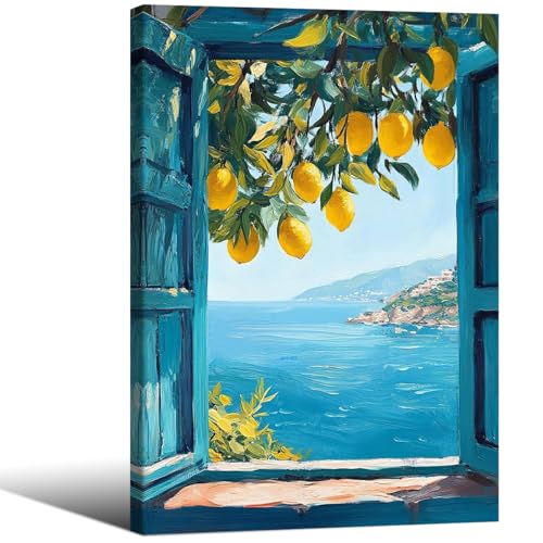 Art mural sur toile encadrée Affiches Vue sur fenêtre méditerranéenne Impressions de citronnier côtier Paysage marin bleu Images de paysage naturel...